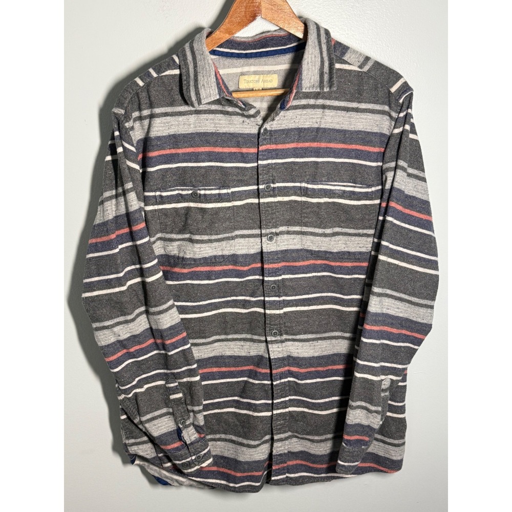 Territory Ahead Mens Large Tall LT Striped Flannel Button Down Shirt Grey Blue